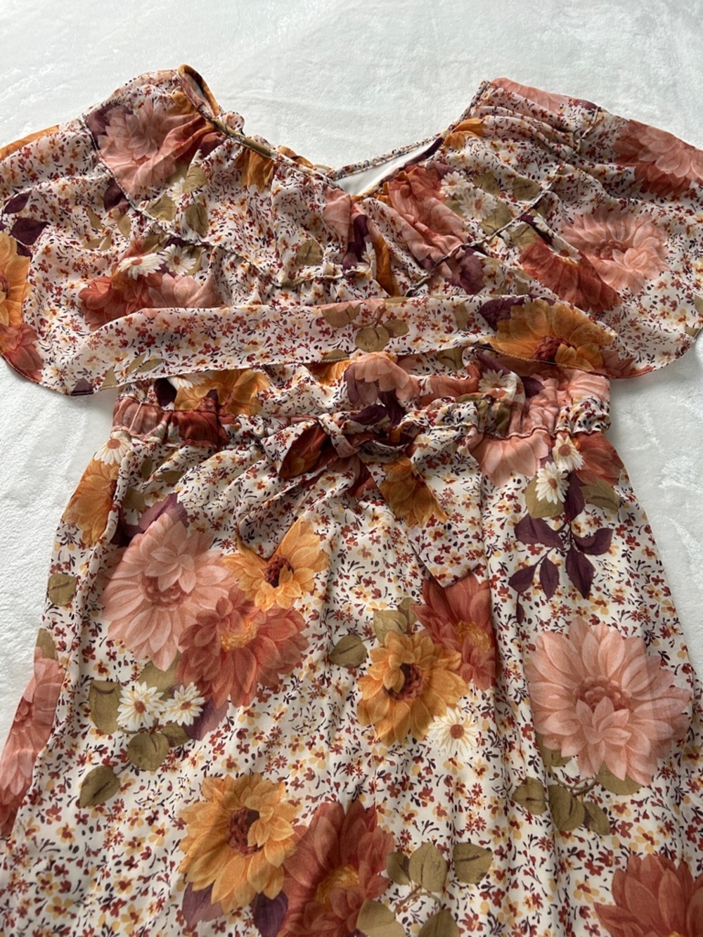 Floral Off-Shoulder Casual Dress in Peach & Mustard - Picture 6 of 9